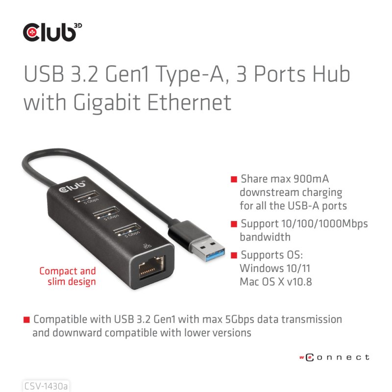 CLUB3D CSV-1430a Avec fil USB 3.2 Gen 1 (3.1 Gen 1) Type-A Noir