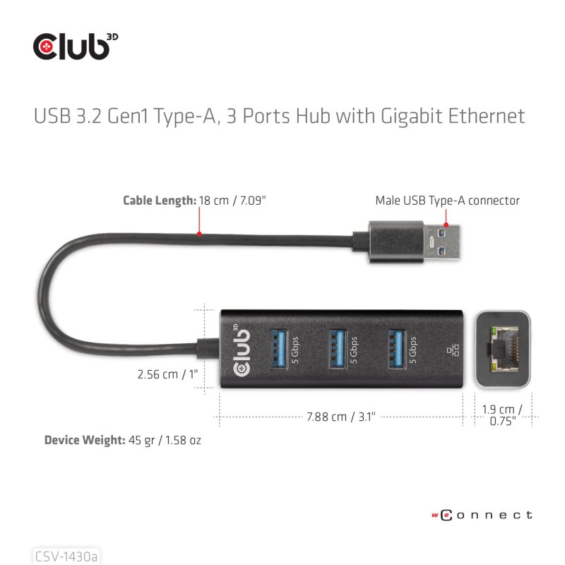 CLUB3D CSV-1430a Avec fil USB 3.2 Gen 1 (3.1 Gen 1) Type-A Noir