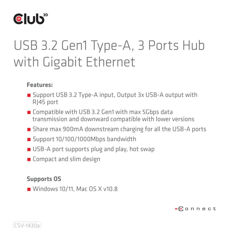 Club3D Adapter USB 3.2 Typ A 3x USB 3.2 Typ A/LAN