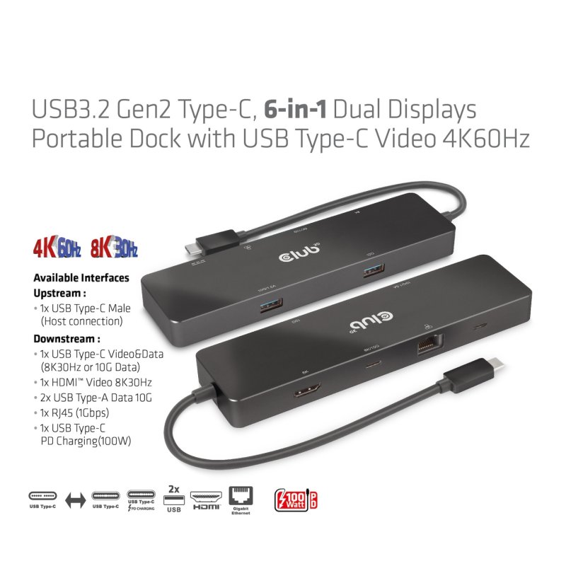 Club3D USB-C 6in1-HUB HDMI/2xUSB-C/2xUSB/LAN 8K30Hz PD100W