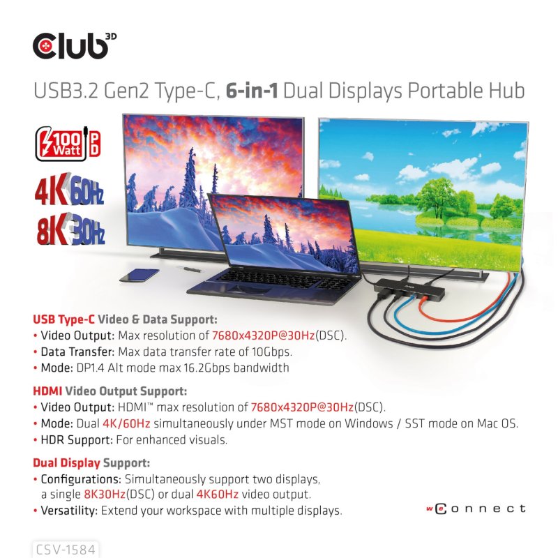 CLUB3D CSV-1584 station d'accueil Avec fil USB 3.2 Gen 2 (3.1 Gen 2) Type-C Noir