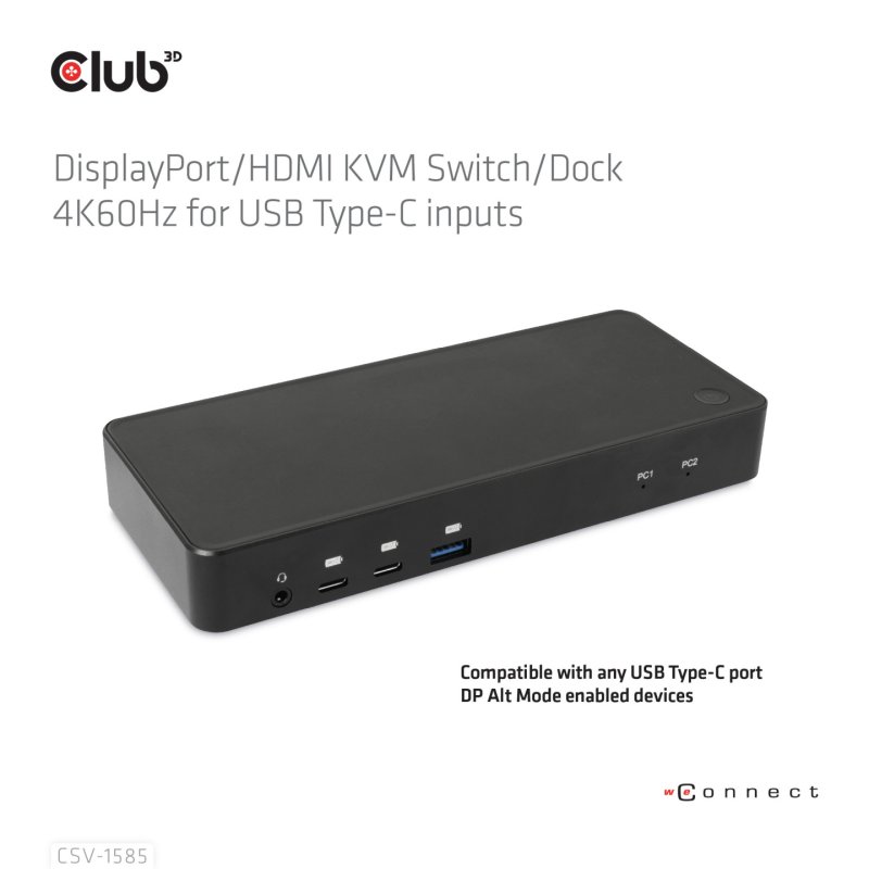 CLUB3D DisplayPort/HDMI KVM Switch/Dock 4K60Hz For USB Type-C inputs
