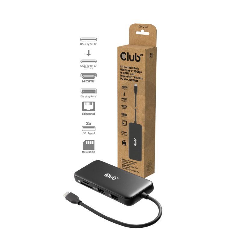 CLUB3D 8-1 Portable Dock USB Type-C 10Gbps to HDMI™ and DisplayPort™ 8K30Hz PD Max.100Watt