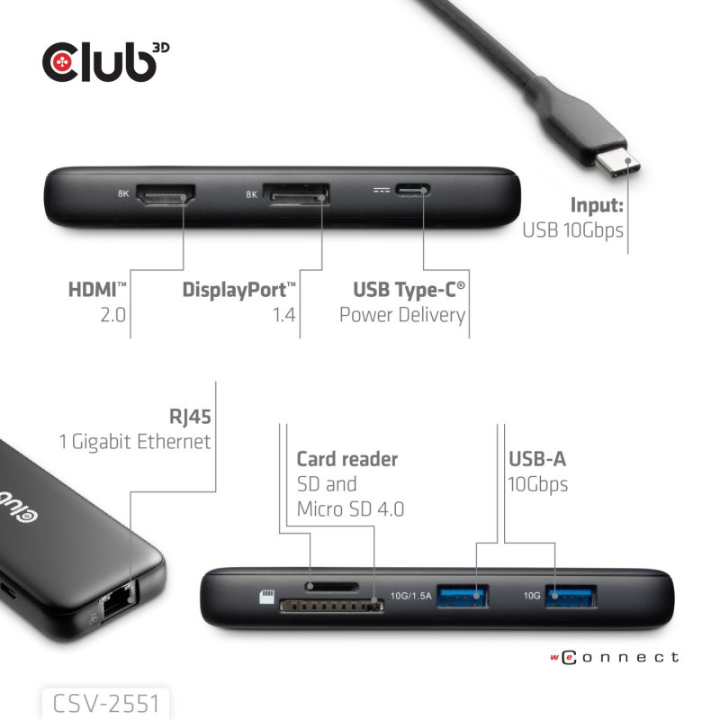 Club3D USB-C 8in1-HUB DP1.4/HDMI2.0/USB-C/LAN 8K30Hz PD100W