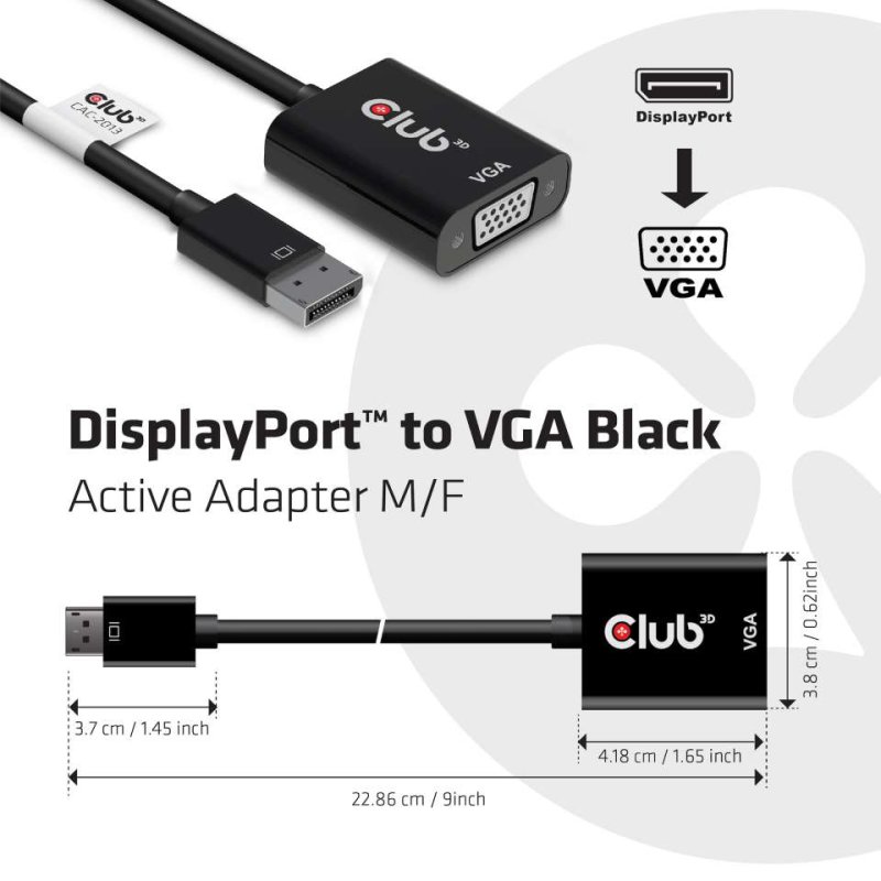Club3D Adapter DisplayPort VGA aktiv St/Bu schwarz Polybeutel