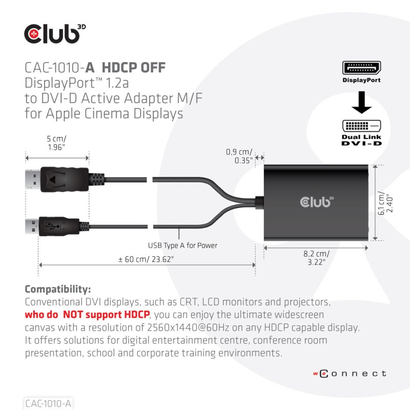 Club3D Adapter DisplayPort DVI-D HDCP OFF aktiv St/Bu retail