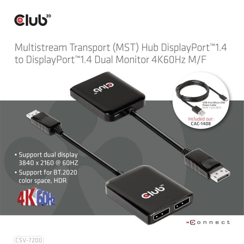 CLUB3D Multistream Transport (MST) Hub DisplayPort™1.4 to DisplayPort™1.4 Dual Monitor 4K60Hz M/F