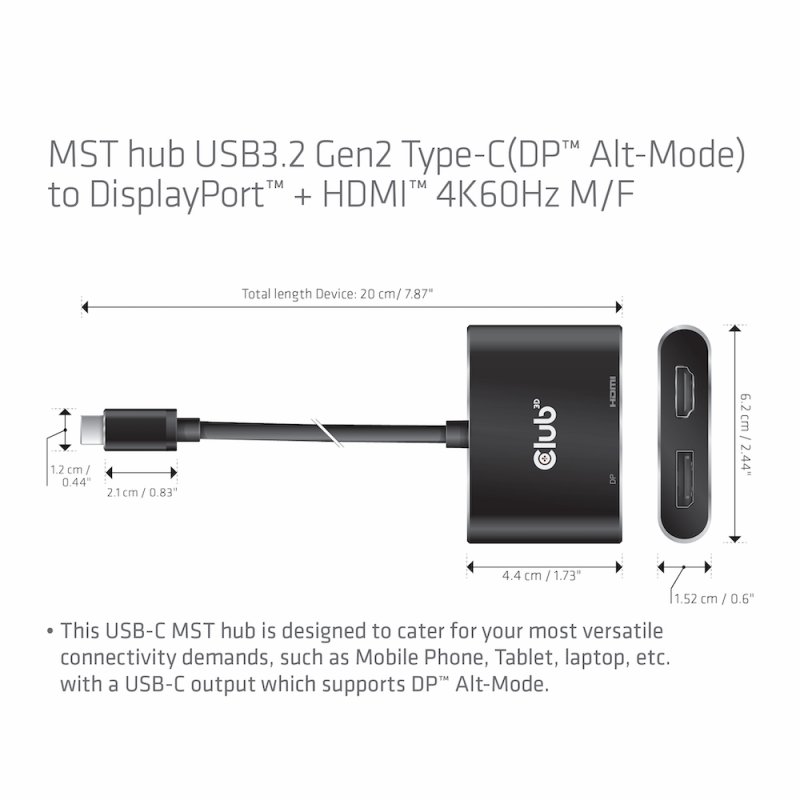 CLUB3D MST hub USB3.2 Gen2 Type-C(DP Alt-Mode) to DisplayPort HDMI 4K60Hz M/F