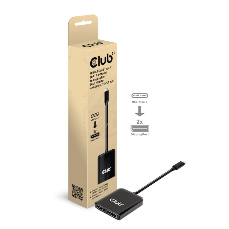 CLUB3D USB3.2 Gen2 Type-C(DP™ Alt-Mode) to DisplayPort™ Dual Monitor 4K60Hz M/F MST hub