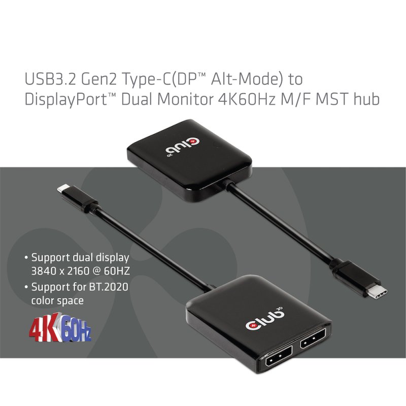 CLUB3D USB3.2 Gen2 Type-C(DP™ Alt-Mode) to DisplayPort™ Dual Monitor 4K60Hz M/F MST hub
