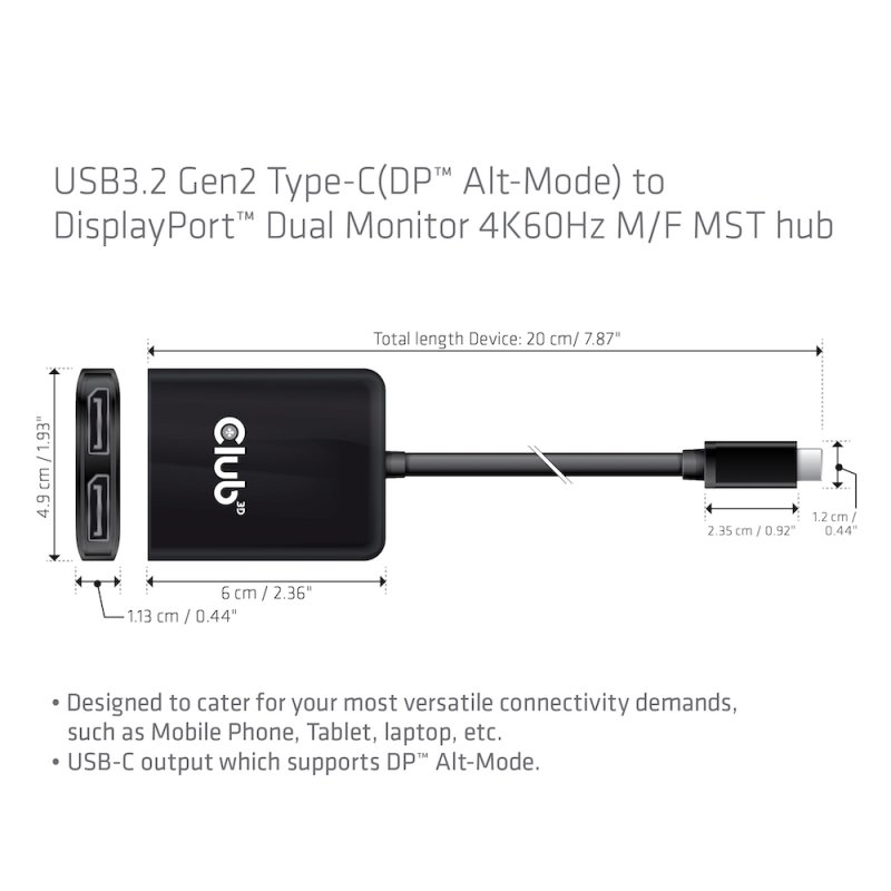 CLUB3D USB3.2 Gen2 Type-C(DP™ Alt-Mode) to DisplayPort™ Dual Monitor 4K60Hz M/F MST hub