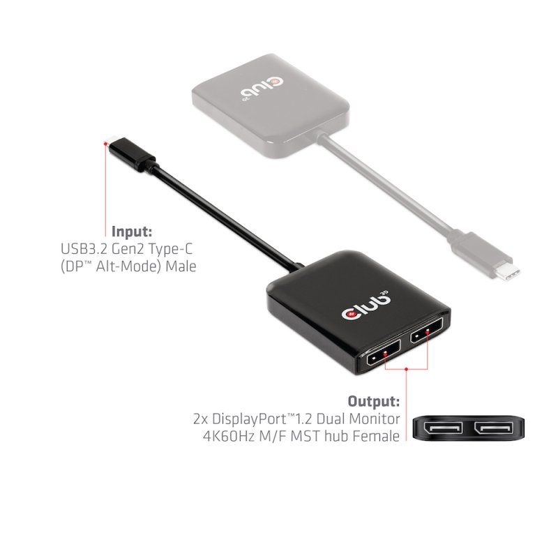 CLUB3D USB3.2 Gen2 Type-C(DP™ Alt-Mode) to DisplayPort™ Dual Monitor 4K60Hz M/F MST hub