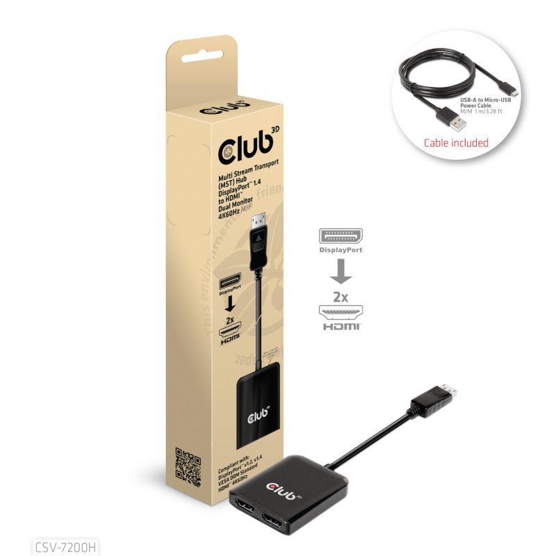 CLUB3D CSV-7200H répartiteur vidéo DisplayPort 2x HDMI