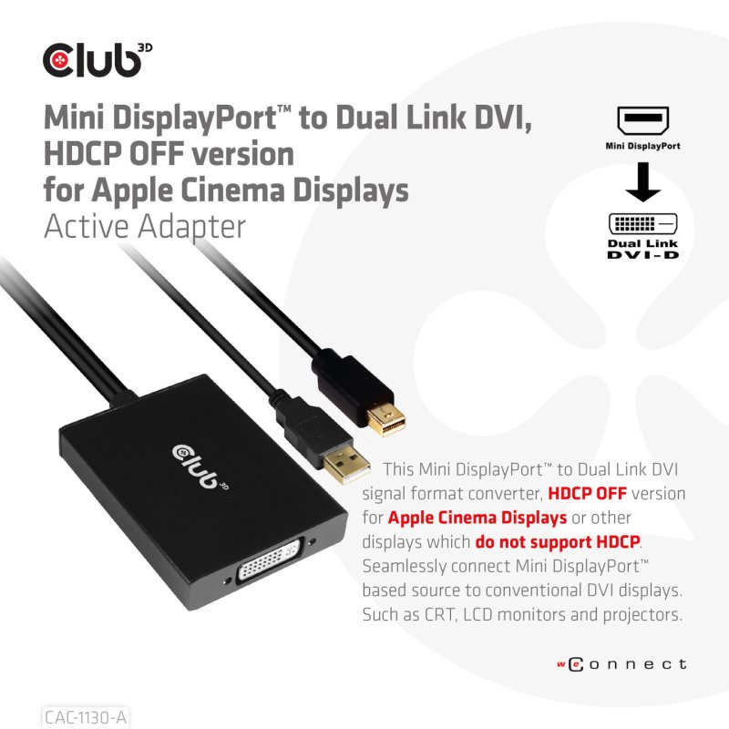 Club3D Adapter MiniDisplayport DVI DualLink HDCP Off St/Bu retail