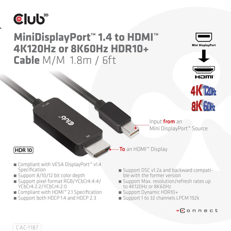 Club3D Kabel MiniDP 1.4 HDMI 1.8m 8K60Hz St/St retail