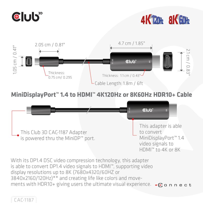 CLUB3D CAC-1187 câble vidéo et adaptateur 1,8 m Mini DisplayPort HDMI Noir