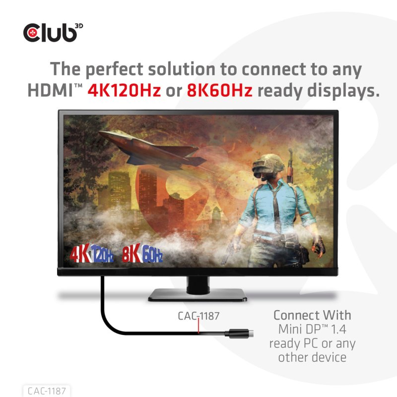 CLUB3D MiniDisplayPort 1.4 to HDMI 4K120Hz or 8K60Hz HDR10 Cable M/M 1.8m / 6ft