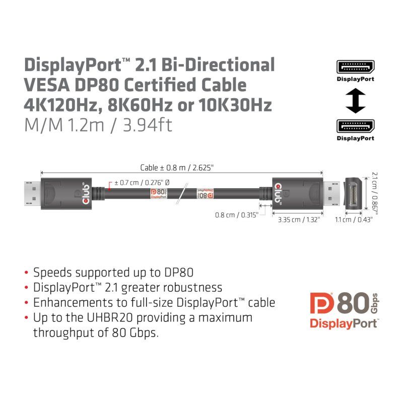 CLUB3D DisplayPort 2.1 Bi-Directional VESA DP80 Certified Cable 4K240Hz, 8K60Hz or 10K30Hz M/M 1.2m/3.94ft