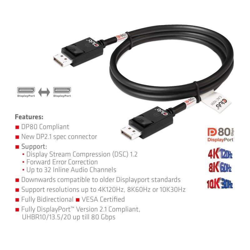 CLUB3D DisplayPort 2.1 Bi-Directional VESA DP80 Certified Cable 4K240Hz, 8K60Hz or 10K30Hz M/M 1.2m/3.94ft
