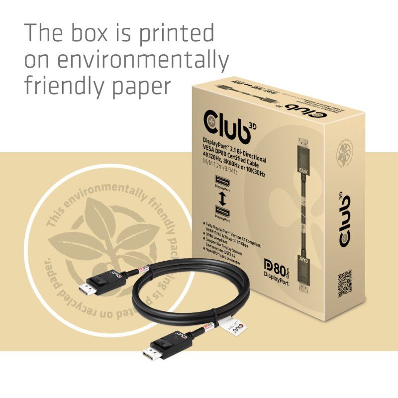 CLUB3D DisplayPort 2.1 Bi-Directional VESA DP80 Certified Cable 4K240Hz, 8K60Hz or 10K30Hz M/M 1.2m/3.94ft
