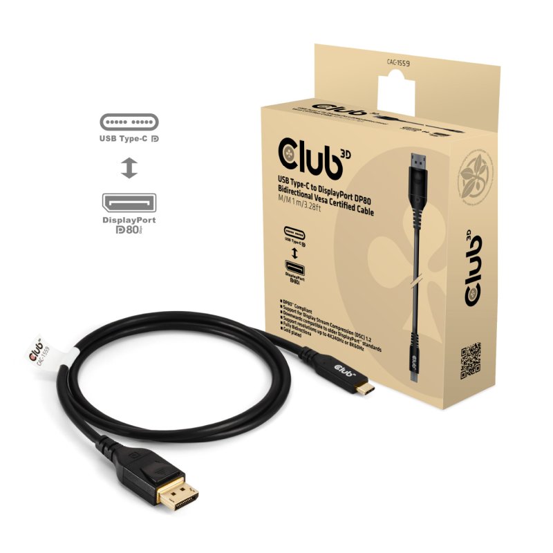 CLUB3D USB Type C Cable to DP 2.1 Bi-Directional VESA DP80 Certified Cable M/M 1m/3.28ft