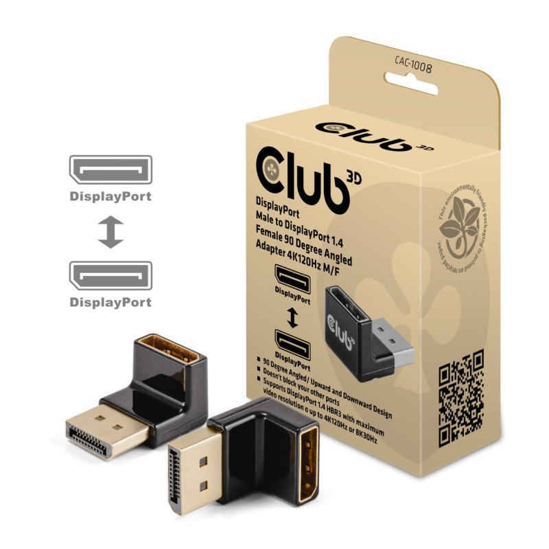 CLUB3D DISPLAYPORT MALE TO DISPLAYPORT 1.4 FEMALE 90 DEGREE ANGLED ADAPTER 4K120HZ M/F - Adapter