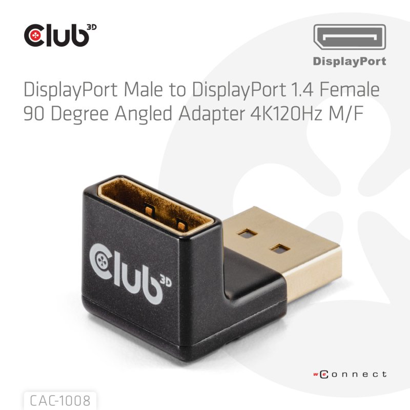 CLUB3D DisplayPort Male to DisplayPort 1.4 Female 90 Degree Angled Adapter 4K120Hz M/F