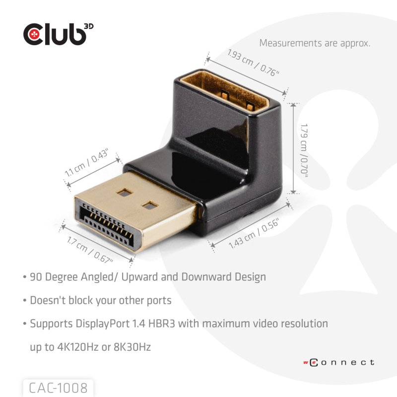 Club3D Adapter DP DP 1.4 90° abgewinkelt 4K@120Hz St/Bu retail
