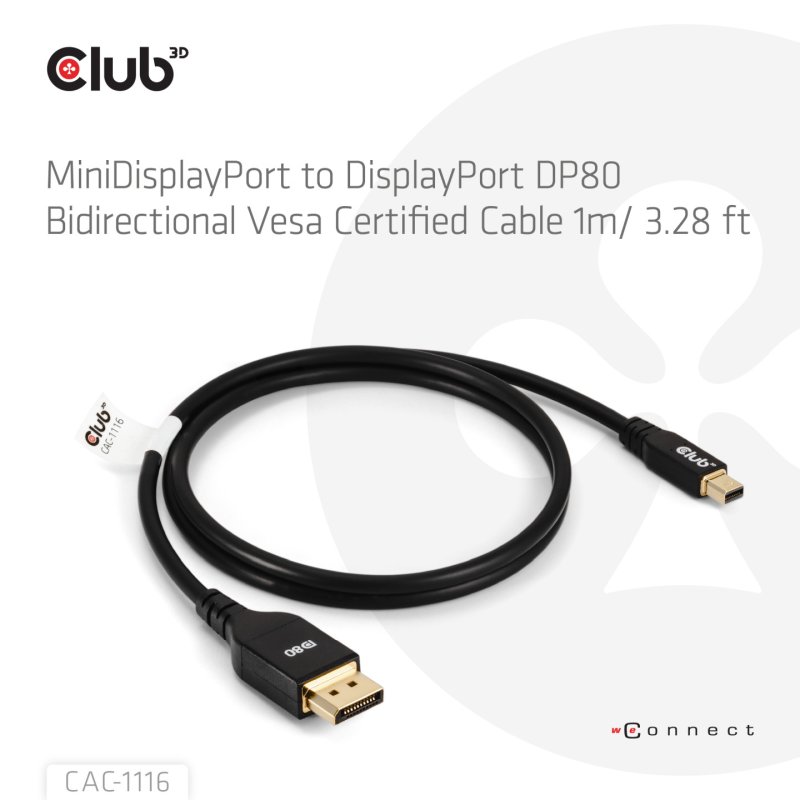 CLUB3D MINIDISPLAYPORT TO DISPLAYPORT DP80 BIDIRECTIONAL VESA CERTIFIED CABLE 1M/3.28FT - Kabel - Digital/Display/Video