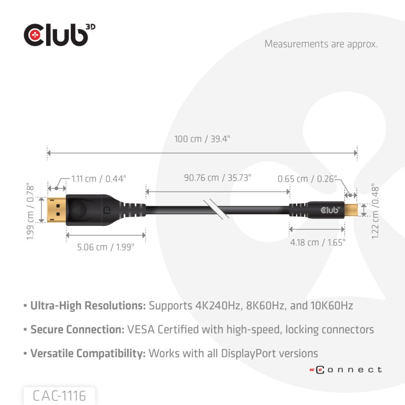 CLUB3D Mini DisplayPort™ to DisplayPort™ Bi-Directional VESA DP80 Certified Cable M/M 1m/3.28ft
