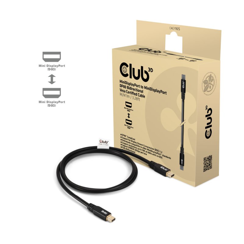 CLUB3D MiniDisplayPort™ to MiniDisplayPort Bi-Directional VESA DP80 Certified Cable M/M 1m/3.28ft