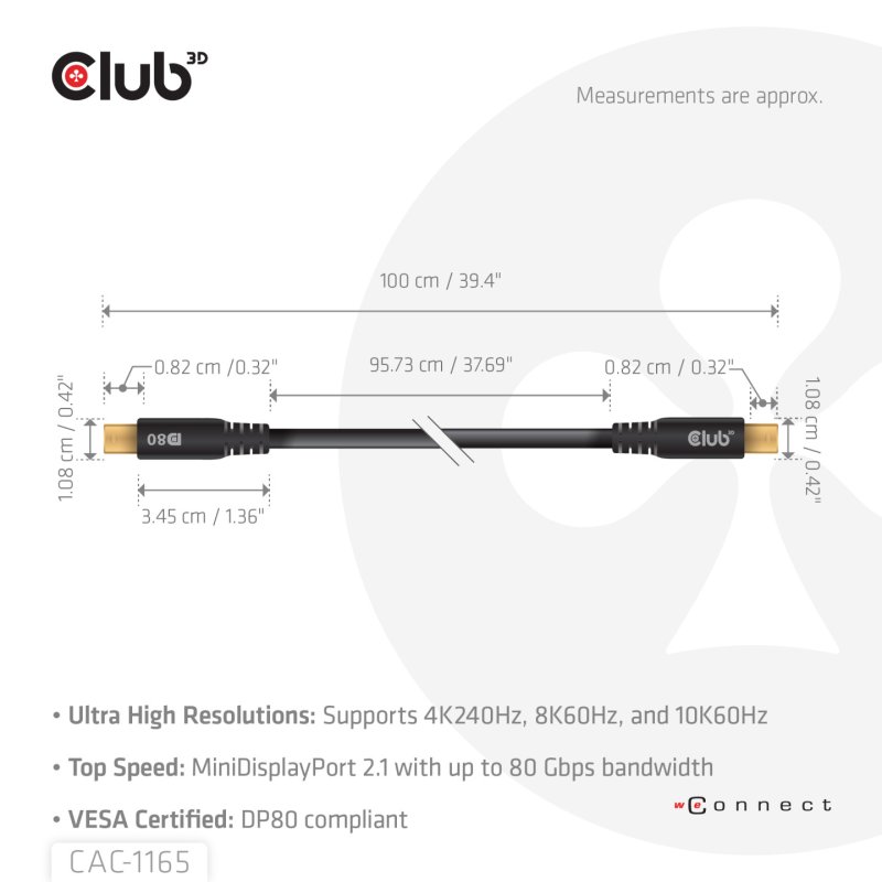 CLUB3D MiniDisplayPort™ to MiniDisplayPort Bi-Directional VESA DP80 Certified Cable M/M 1m/3.28ft
