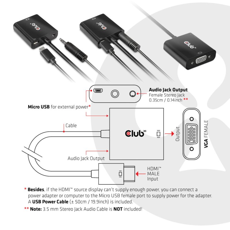 CLUB3D CAC-1302 câble vidéo et adaptateur 0,5 m HDMI Type A (Standard) VGA (D-Sub) Noir