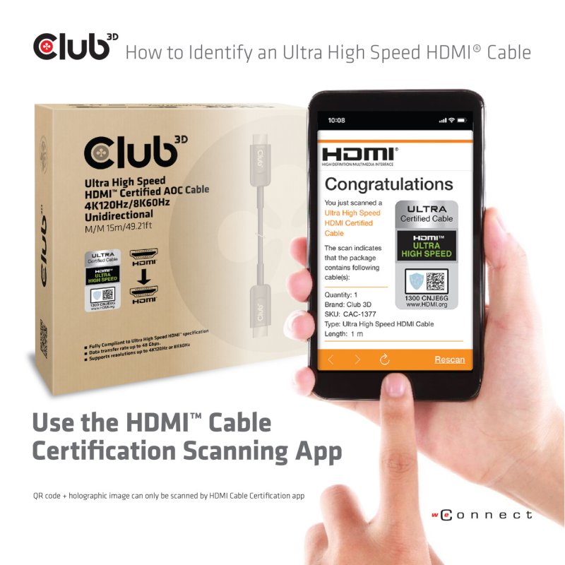 Club3D HDMI-Kabel A - A 2.1 aktiv opt. 8K60Hz UHD 15 Meter retail