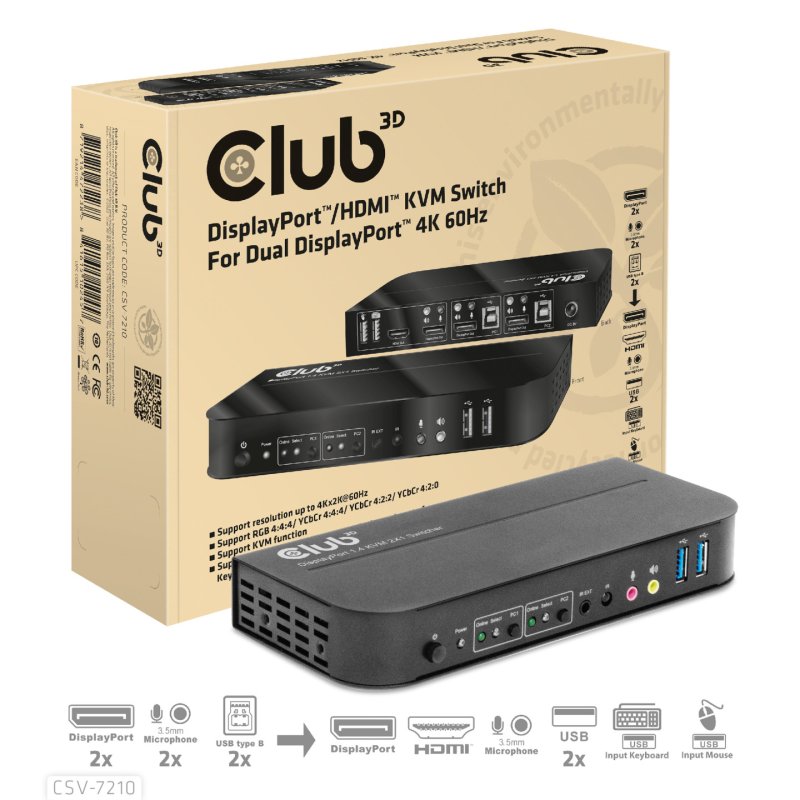 Club3D KVM Switch 4K60Hz 2x DP HDMI oder DP/2xUSB/Audio