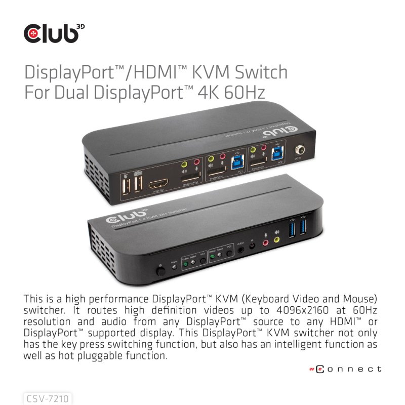 Club3D KVM Switch 4K60Hz 2x DP HDMI oder DP/2xUSB/Audio
