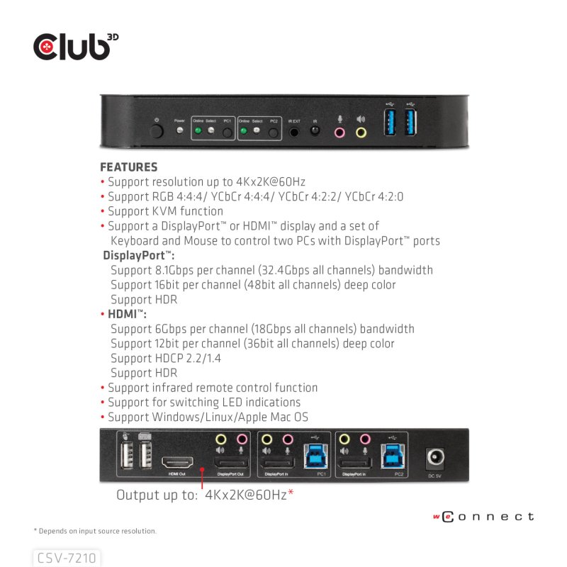Club3D KVM Switch 4K60Hz 2x DP HDMI oder DP/2xUSB/Audio