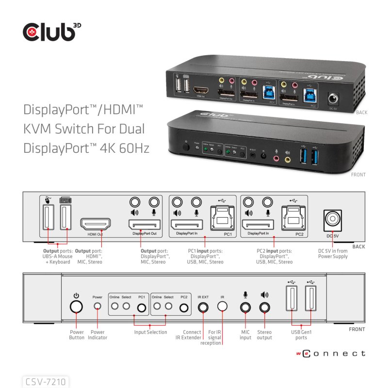 Club3D KVM Switch 4K60Hz 2x DP HDMI oder DP/2xUSB/Audio