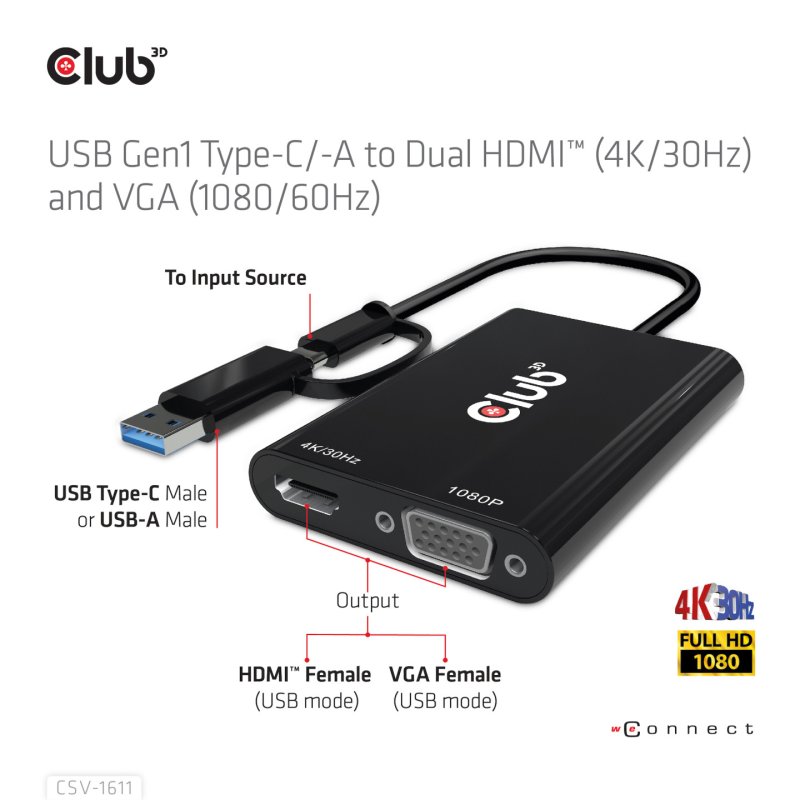 CLUB3D USB Gen1 Type-C/-A to Dual HDMI (4K/30Hz) / VGA (1080/60Hz)