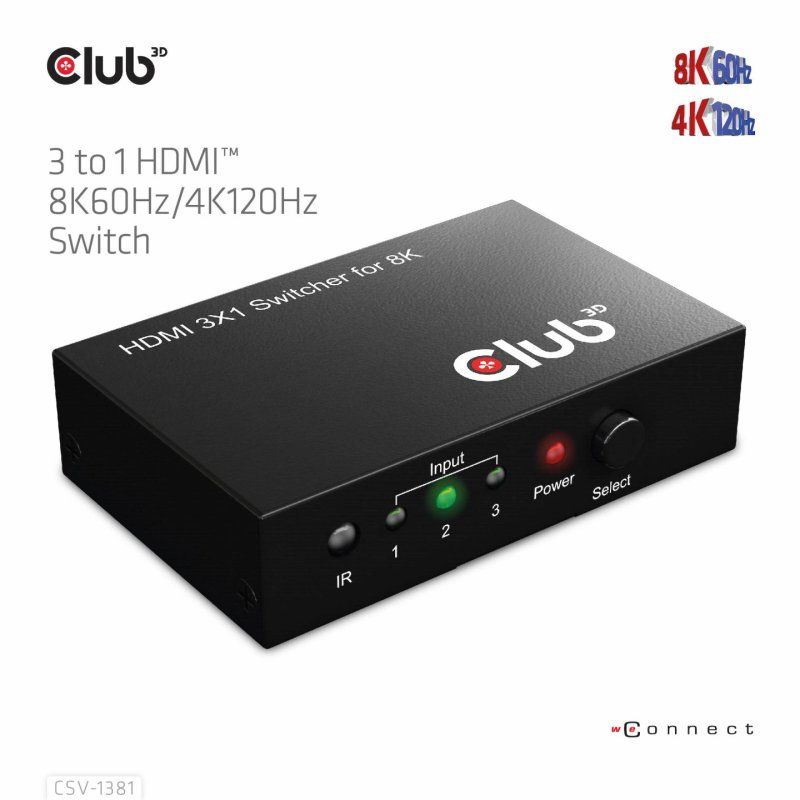 CLUB3D 3 to 1 HDMI 8K60Hz Switch commutateur écran, clavier et souris Noir