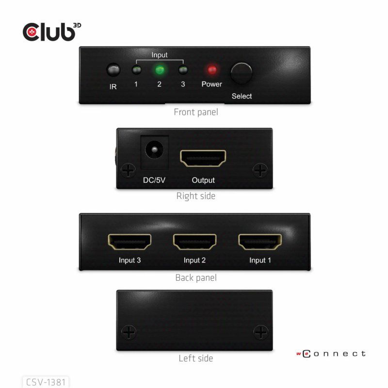 CLUB3D 3 to 1 HDMI 8K60Hz Switch commutateur écran, clavier et souris Noir