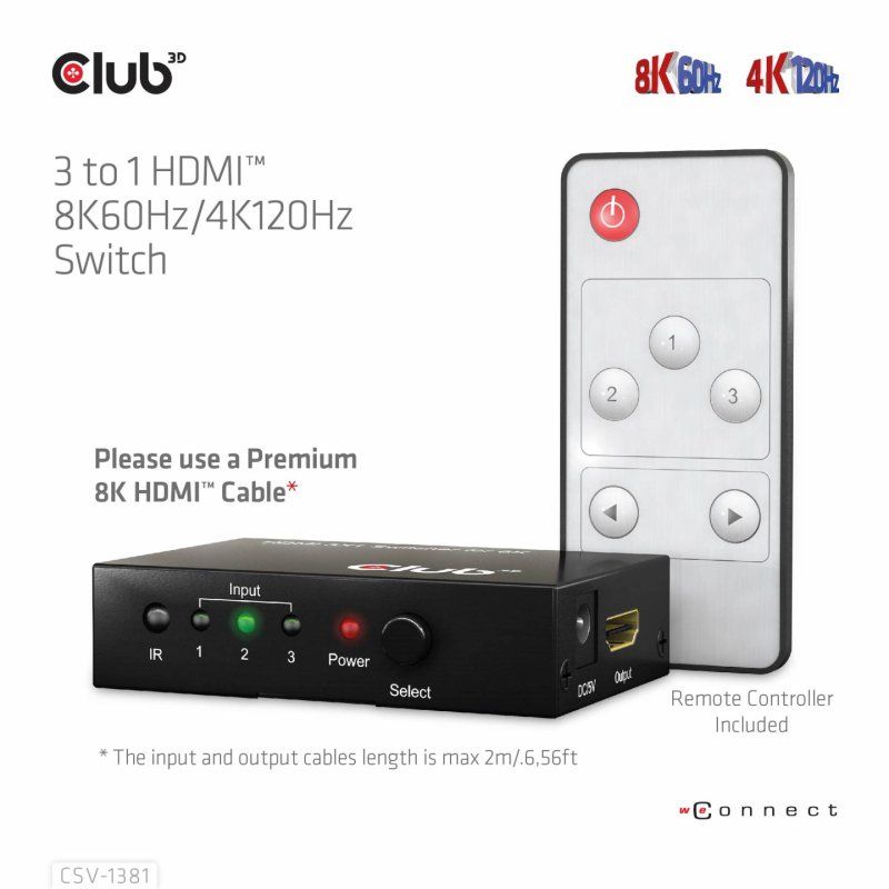 CLUB3D 3 to 1 HDMI 8K60Hz Switch commutateur écran, clavier et souris Noir