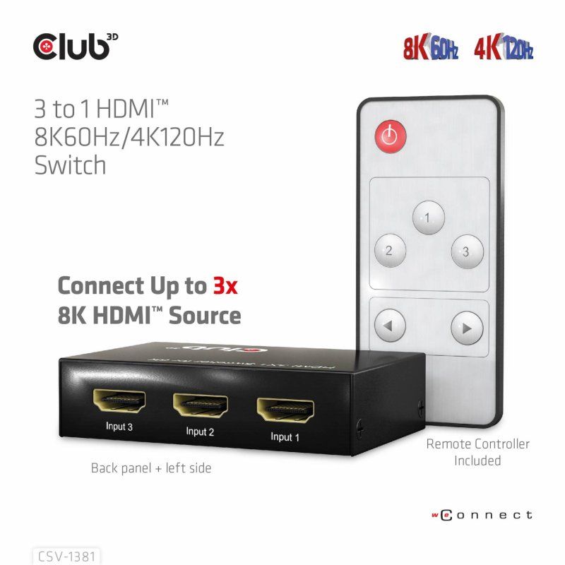 CLUB3D 3 to 1 HDMI 8K60Hz Switch commutateur écran, clavier et souris Noir