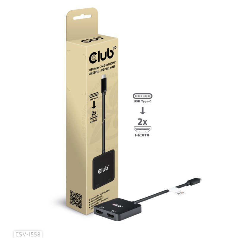 Club3D MST-Hub USB 3.2 Typ C 2x HDMI 4K60Hz 100W PD St/Bu retail