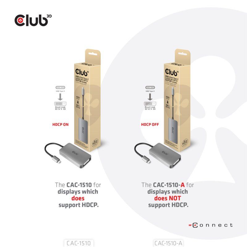 CLUB3D USB3.2 Gen1 Type-C to Dual Link DVI-D HDCP OFF version Active Adapter M/F for Apple Cinema Displays