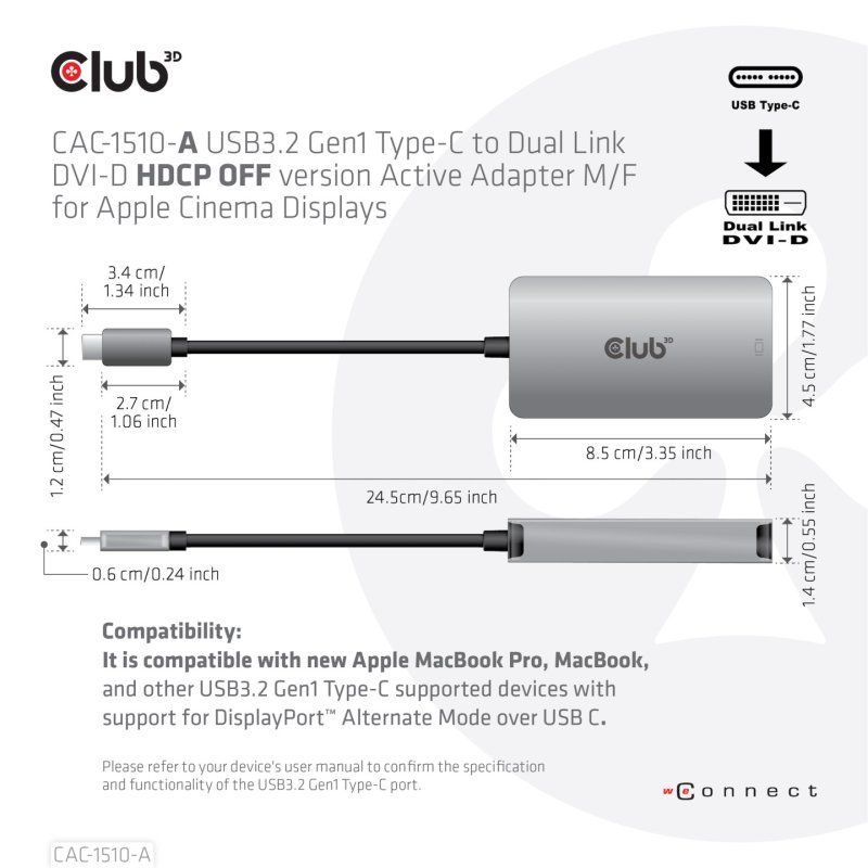 CLUB3D USB3.2 Gen1 Type-C to Dual Link DVI-D HDCP OFF version Active Adapter M/F for Apple Cinema Displays
