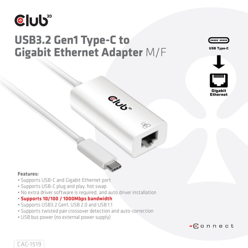 Club3D Adapter USB 3.2 Typ C RJ45 Gigabit LAN St/Bu