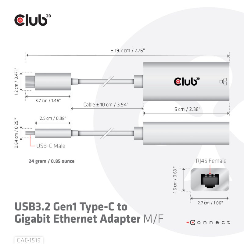 Club3D Adapter USB 3.2 Typ C RJ45 Gigabit LAN St/Bu