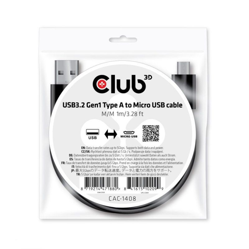 CLUB3D CAC-1408 câble USB USB 3.2 Gen 1 (3.1 Gen 1) 1 m USB A Micro-USB B Noir