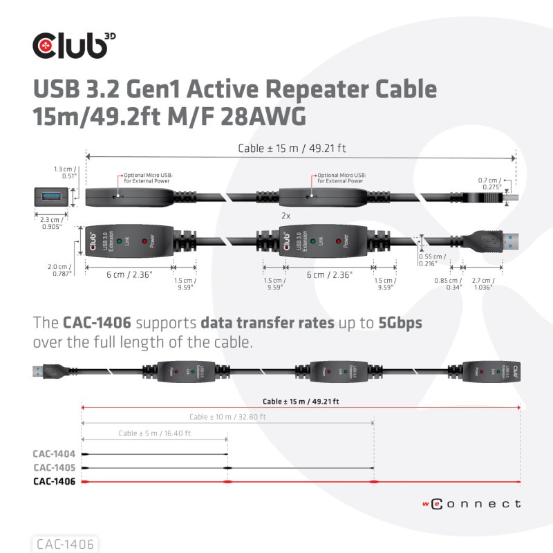 CLUB3D USB 3.2 Gen1 Active Repeater Cable 15m/ 49.2 ft M/F 28AWG